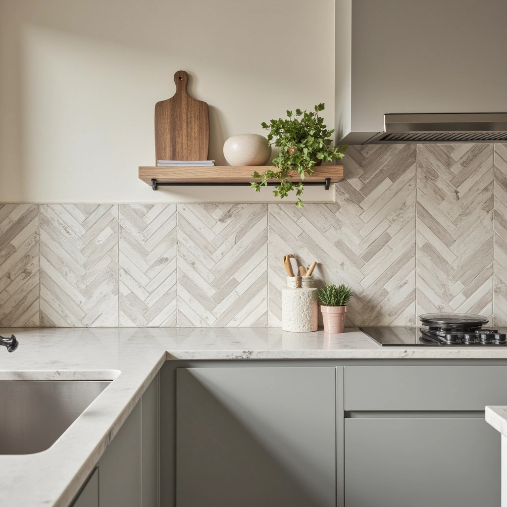 5. Herringbone Pattern in Neutral Tiles