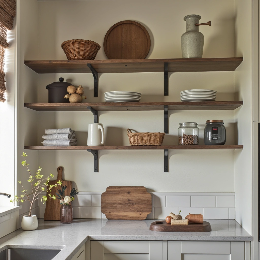 1. Open Shelving with Rustic Wood