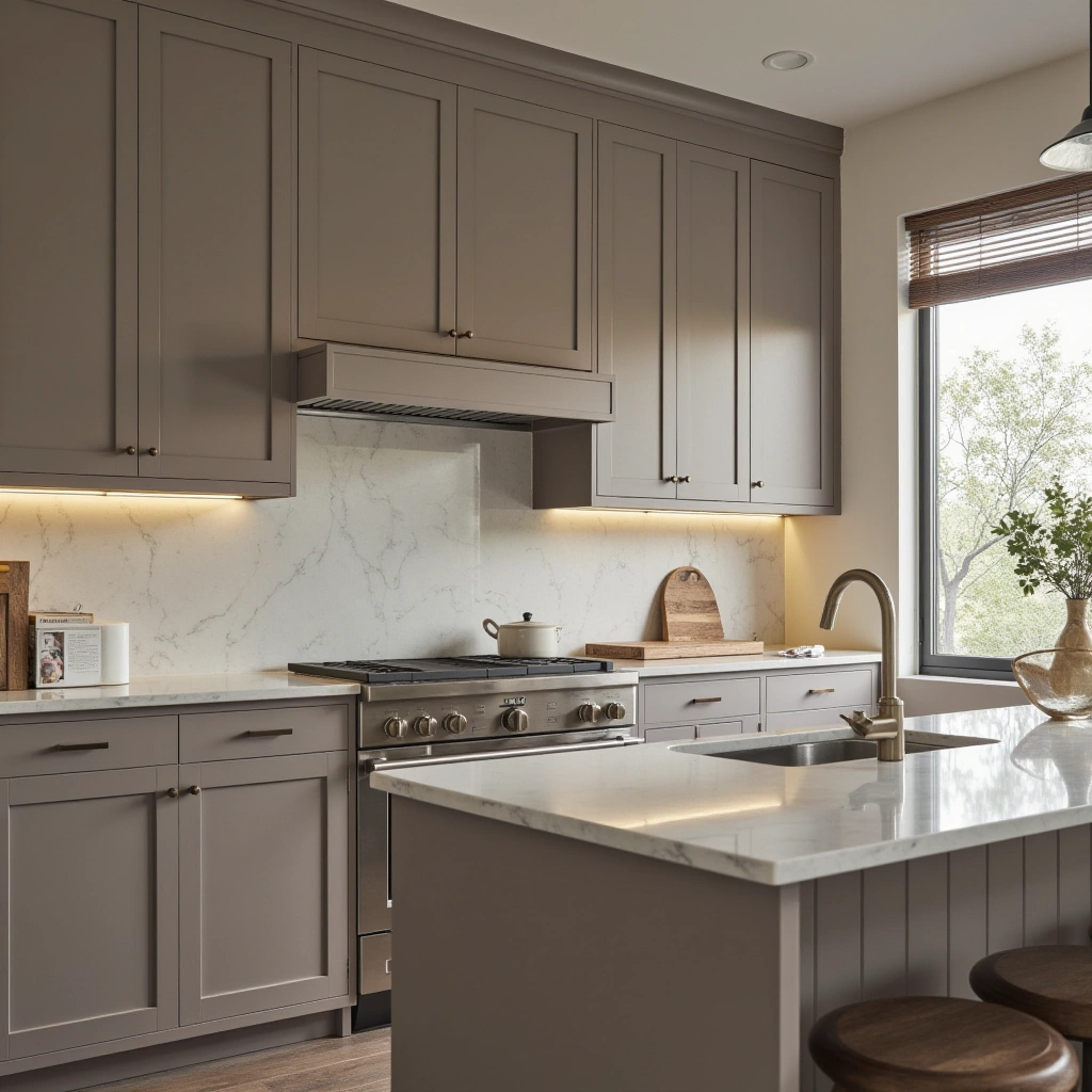 1. Classic Taupe Cabinets with White Quartz Countertops