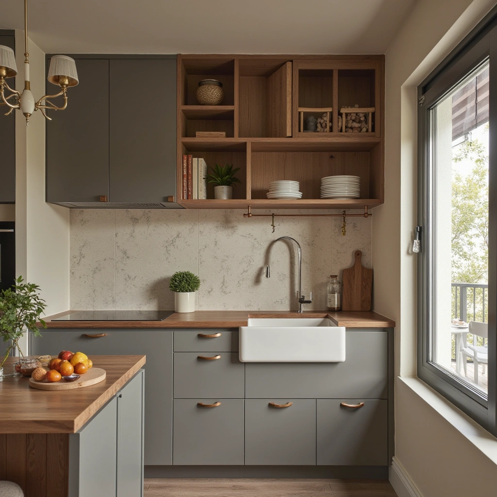 2. Taupe Cabinets with Warm Wood Accents