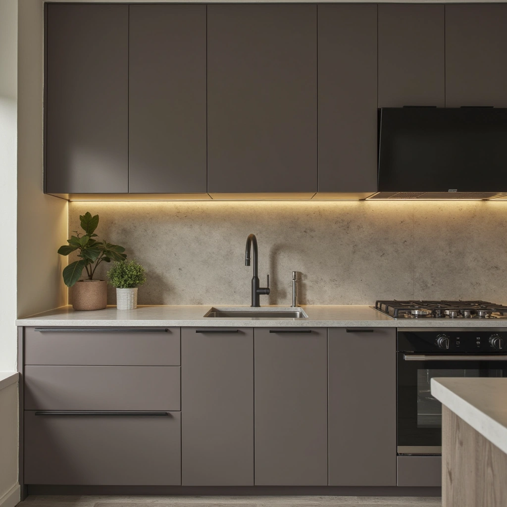 3. Matte Taupe Cabinets with Black Hardware