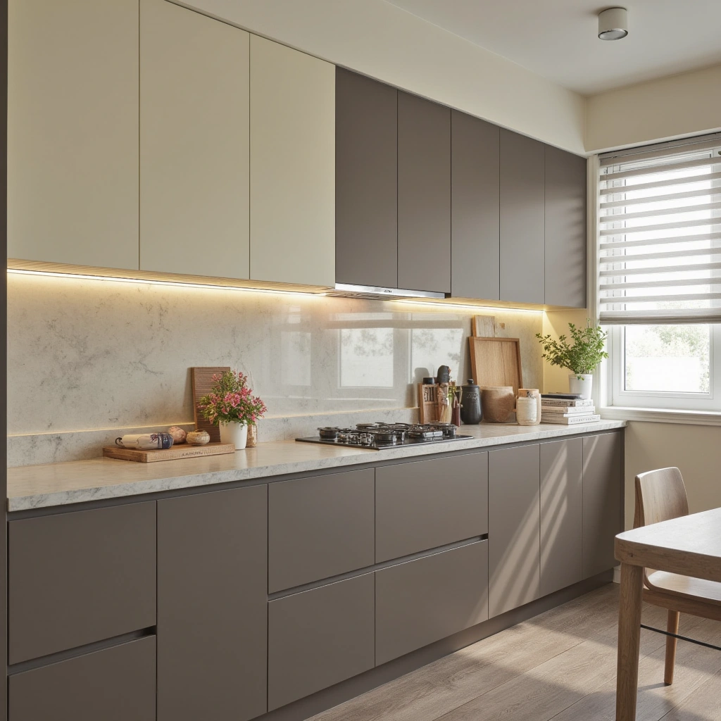 4. Two-Tone Taupe Cabinets with Cream Upper Cabinets