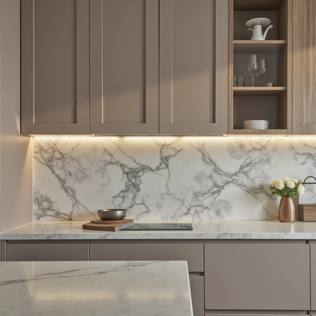 5. Taupe Cabinets with Marble Backsplash