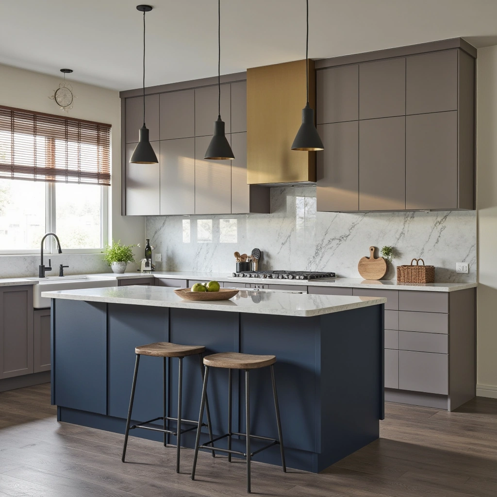 6. Taupe Cabinets Paired with Bold Navy Blue Island