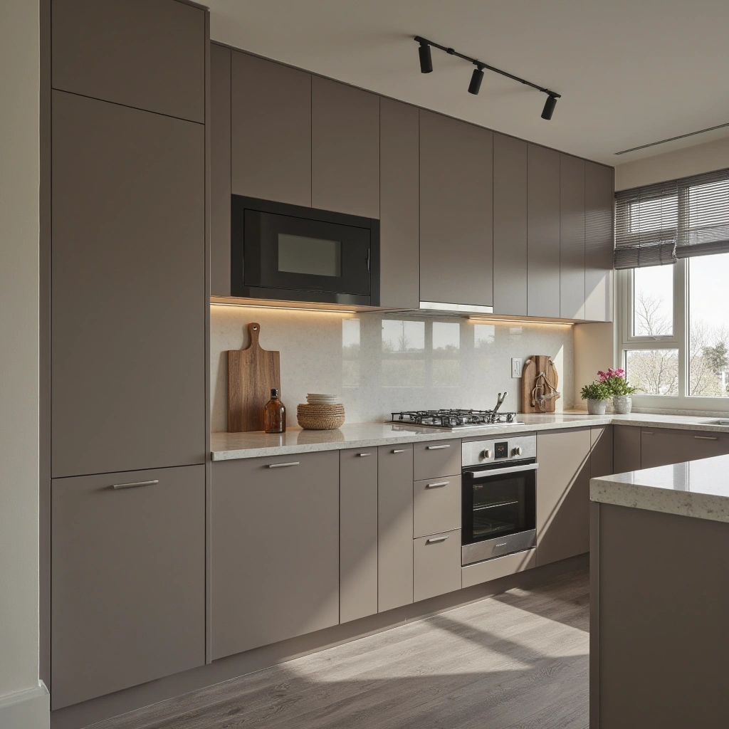 7. Glossy Taupe Cabinets for a Contemporary Look