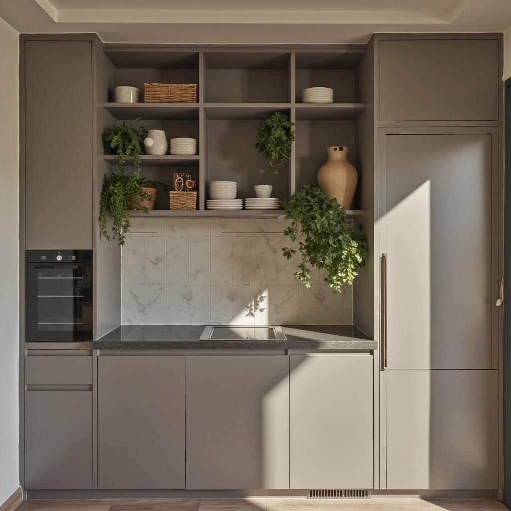 8. Taupe Cabinets with Open Shelving and Greenery