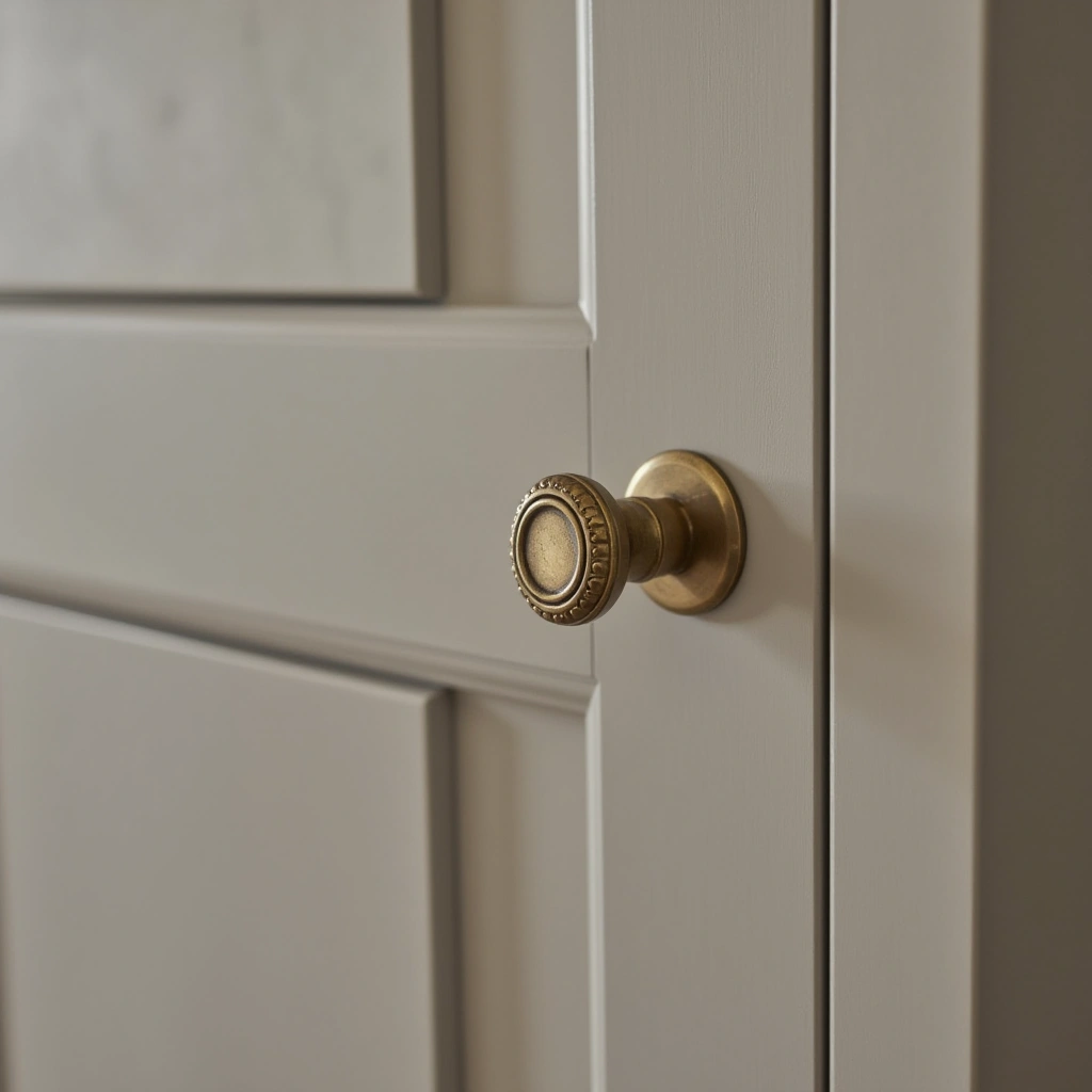 9. Taupe Cabinets with Vintage Brass Hardware