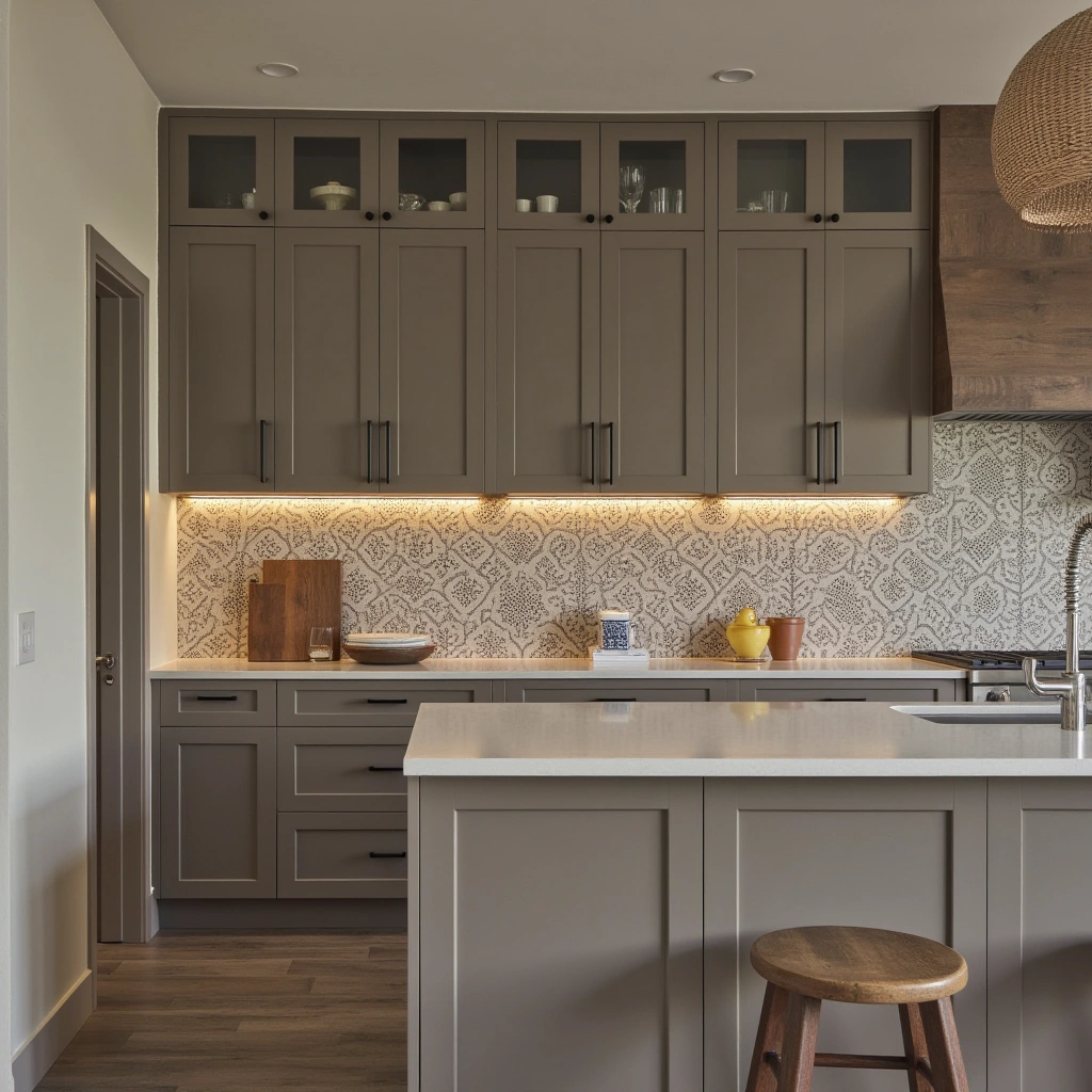 11. Taupe Cabinets with Patterned Tile Backsplash