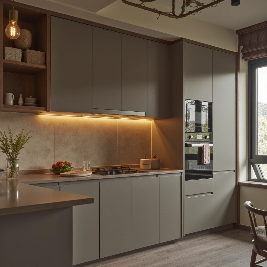 12. Taupe Cabinets with Warm Lighting Fixtures