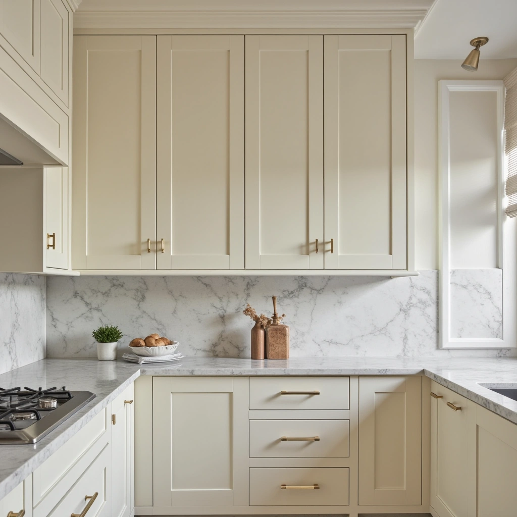 1. Classic Creamy White Cabinets with Marble Countertops