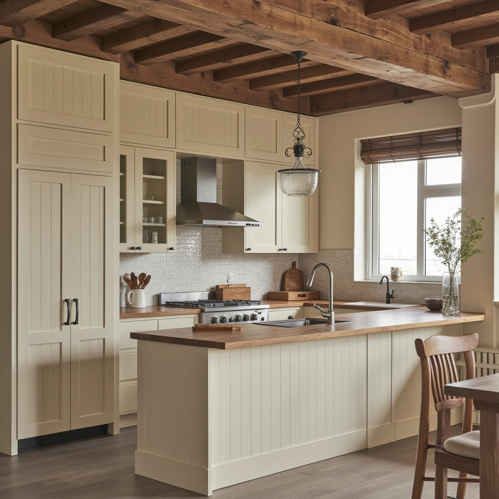 2. Creamy Cabinets in a Rustic Farmhouse Kitchen