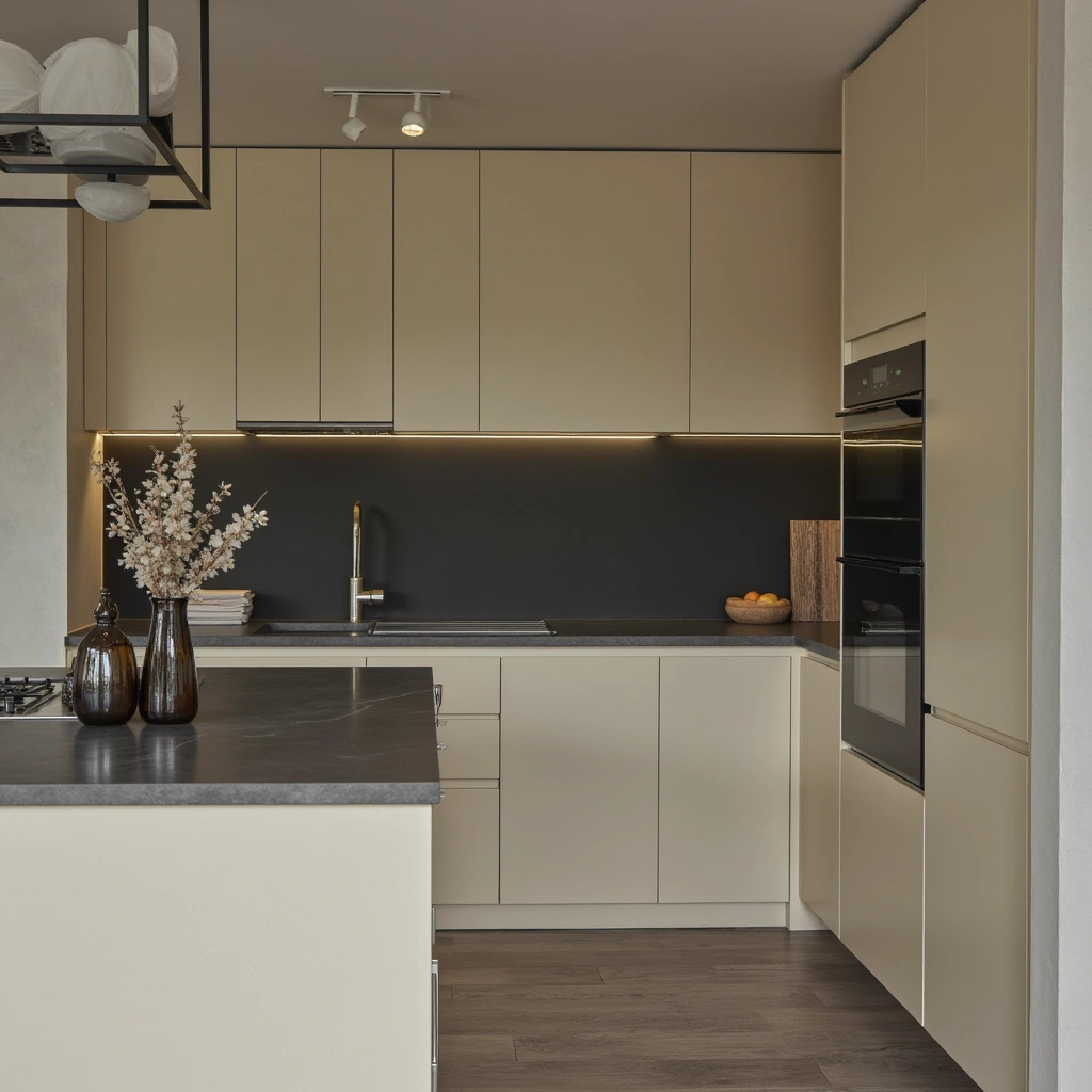 3. Sleek Creamy Cabinets with Matte Black Accents