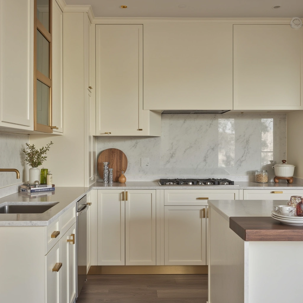 7. Creamy Cabinets with Brushed Gold Hardware and Fixtures