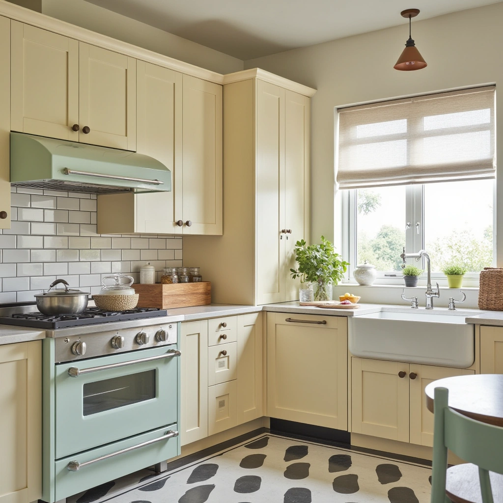 9. Vintage Charm with Creamy Cabinets and Retro Appliances