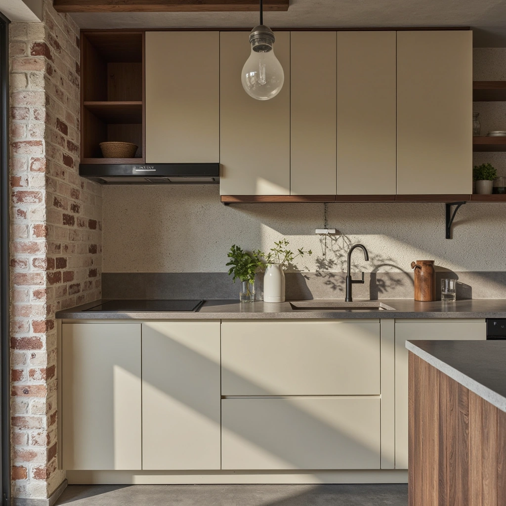 10. Industrial Edge with Creamy Cabinets and Metal Accents