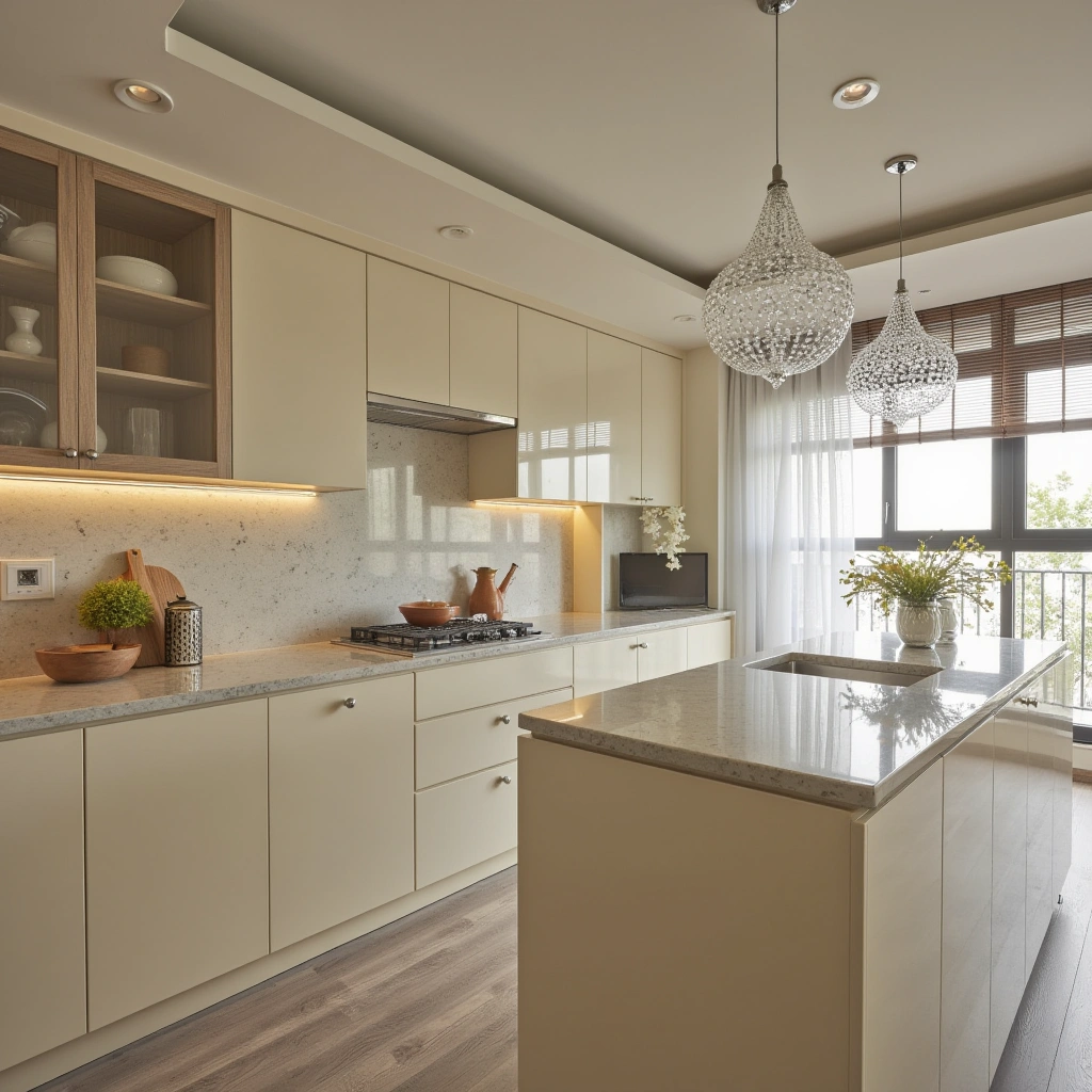 11. Luxurious Creamy Cabinets with High-Gloss Finishes and Crystal Details