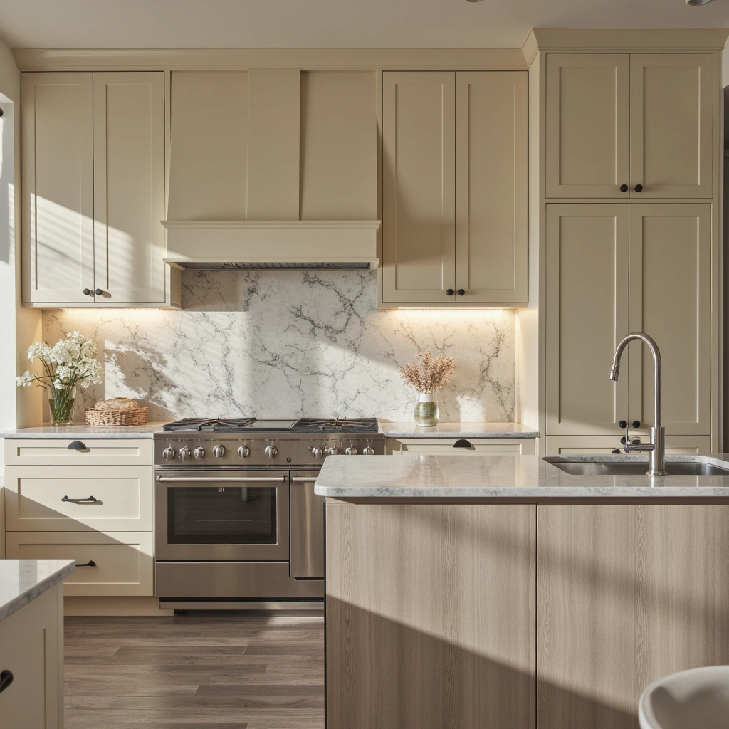 1. Classic Creamy Beige Cabinets with Marble Countertops