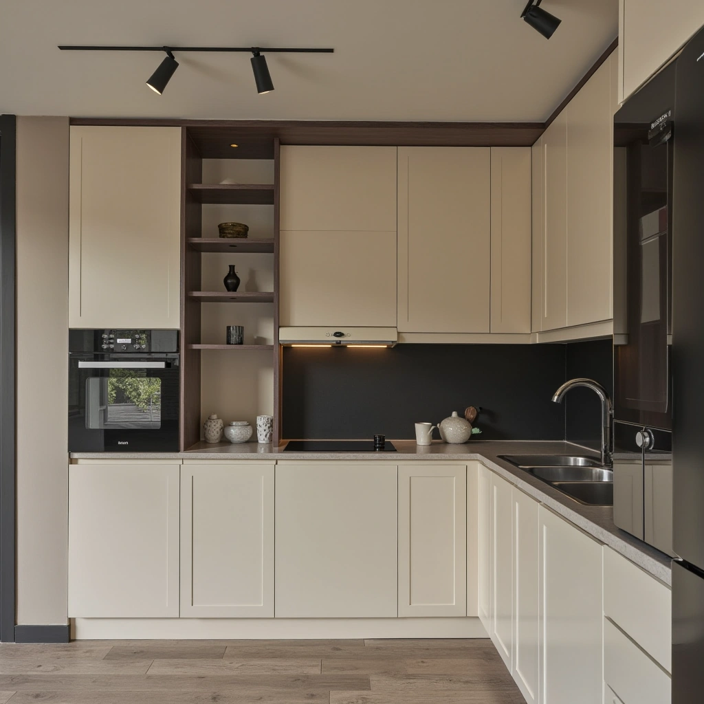 2. Sleek Light Beige Cabinets with Matte Black Accents
