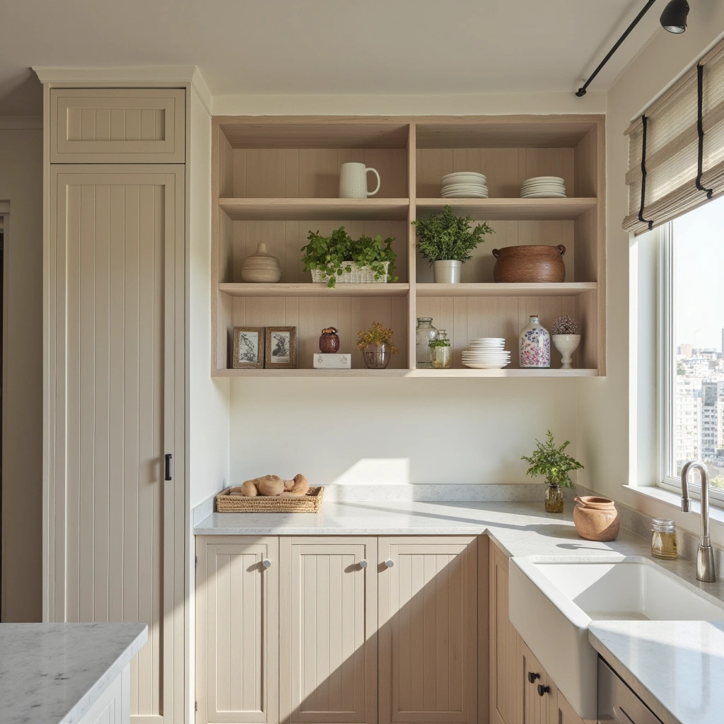 3. Light Beige Shaker Cabinets with Open Wooden Shelves