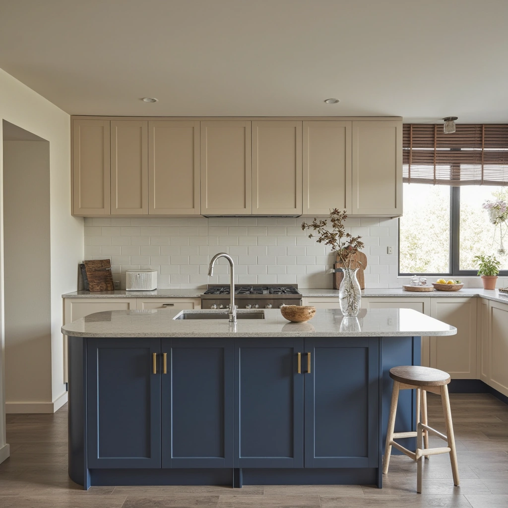 4. Light Beige Cabinets with Navy Blue Island