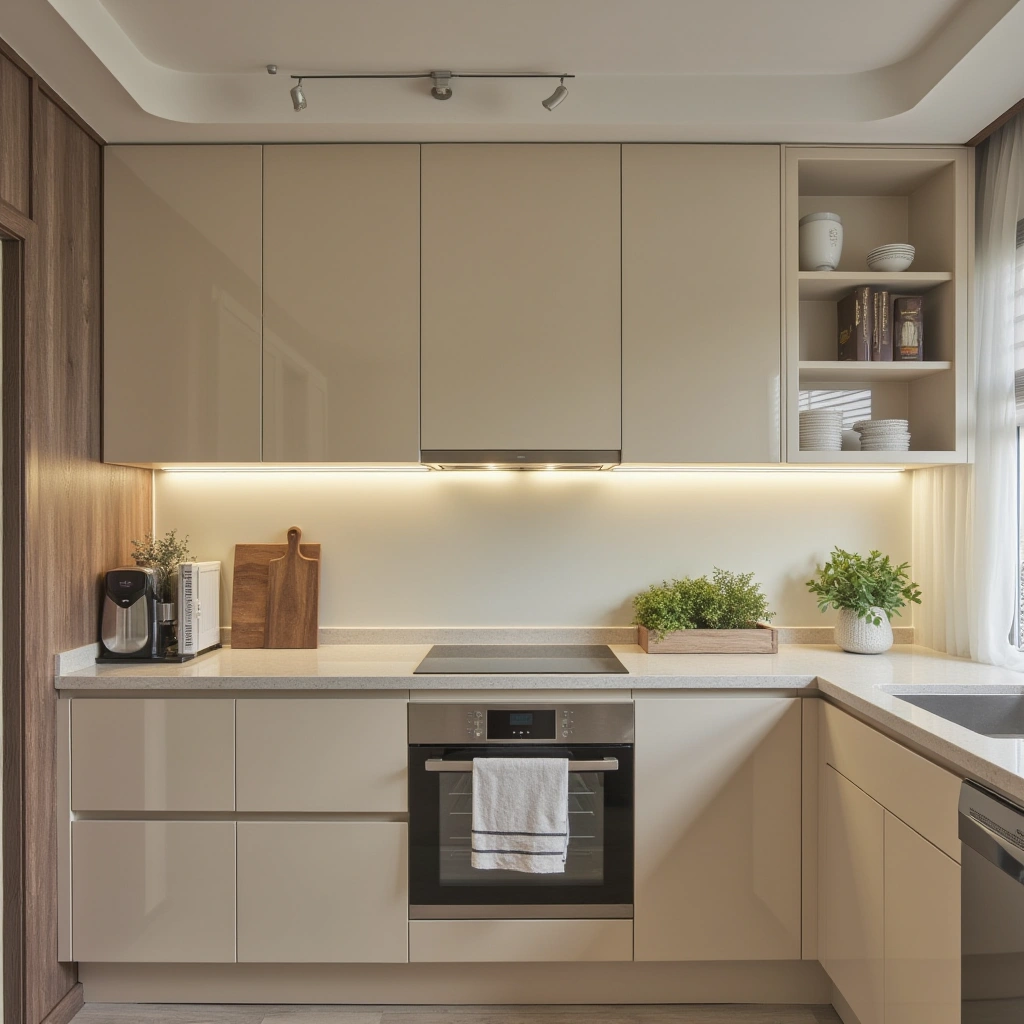 5. Glossy Light Beige Cabinets for a Modern Shine