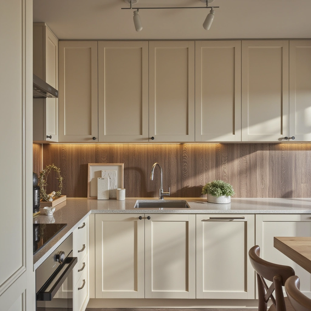 7. Textured Light Beige Cabinets with Recessed Paneling