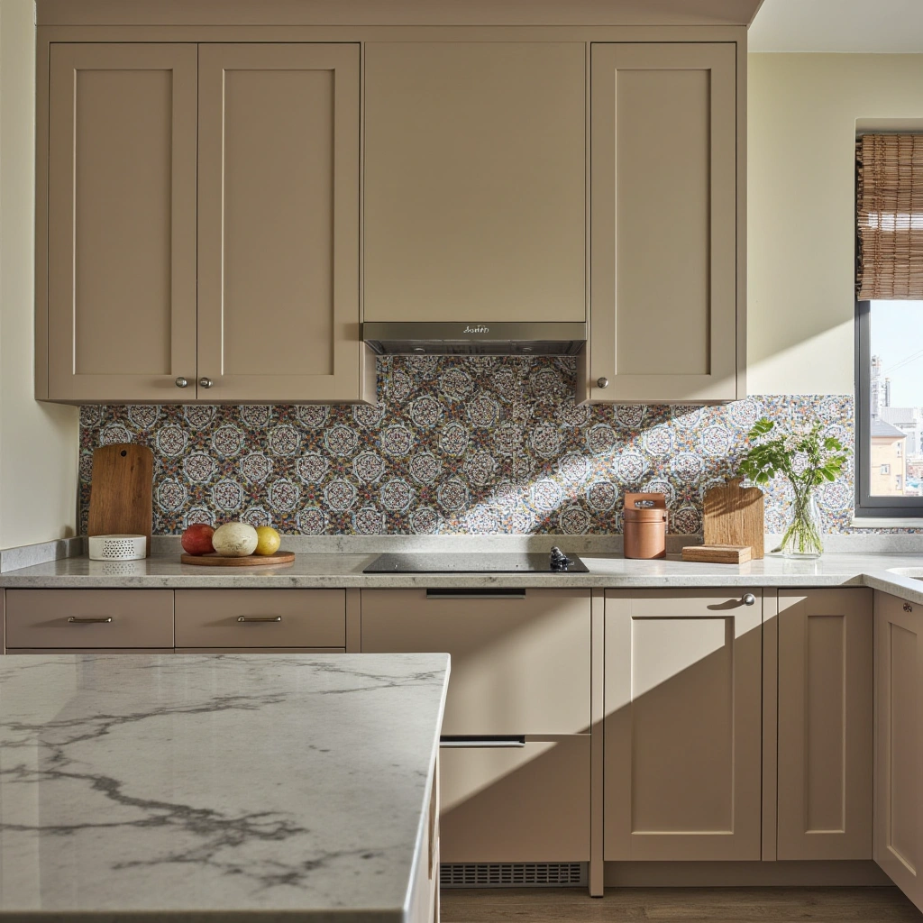 8. Light Beige Cabinets with Bright Patterned Tile Backsplash