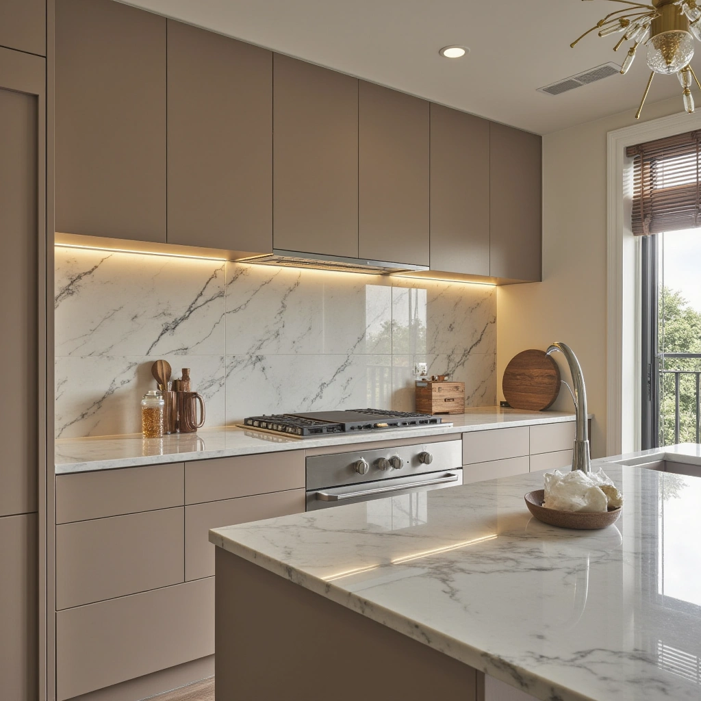 10. Light Beige Cabinets with Marble and Gold Accents for Luxe Kitchens