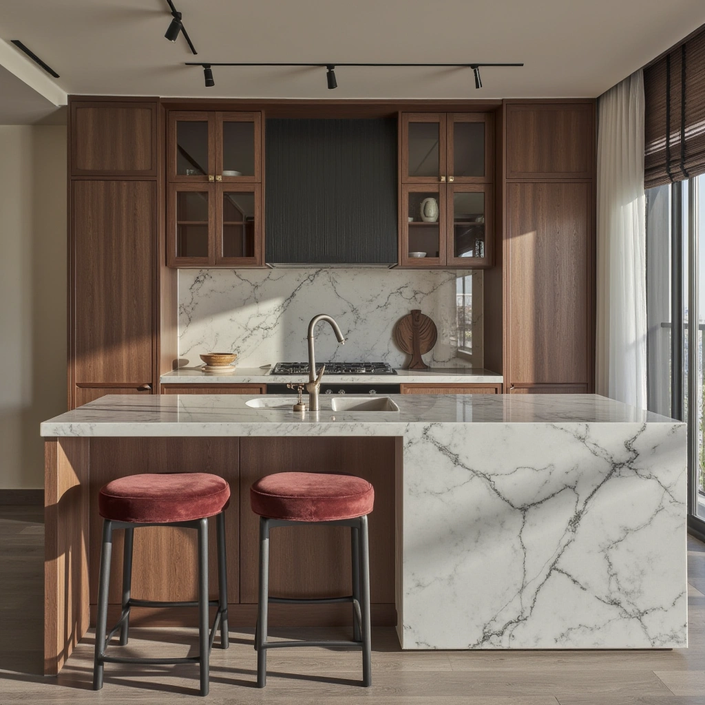 9. The Marble-Topped Island with Seating on Two Extended Sides