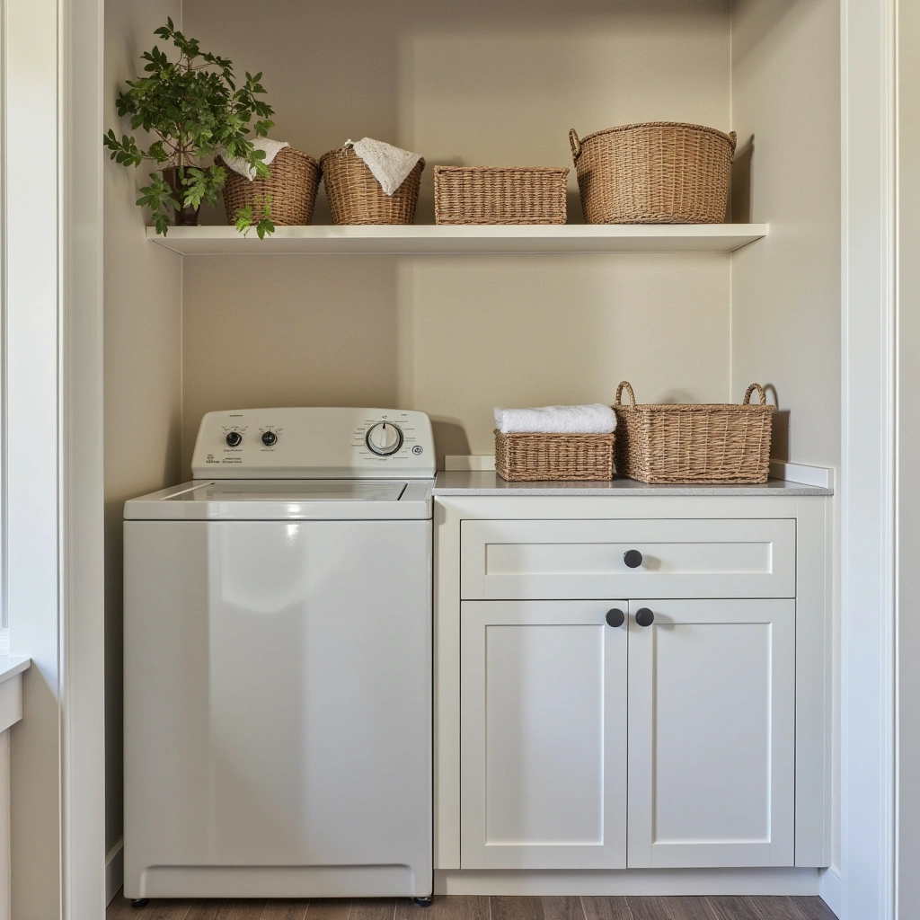 6. Open Shelving with Stylish Storage Bins