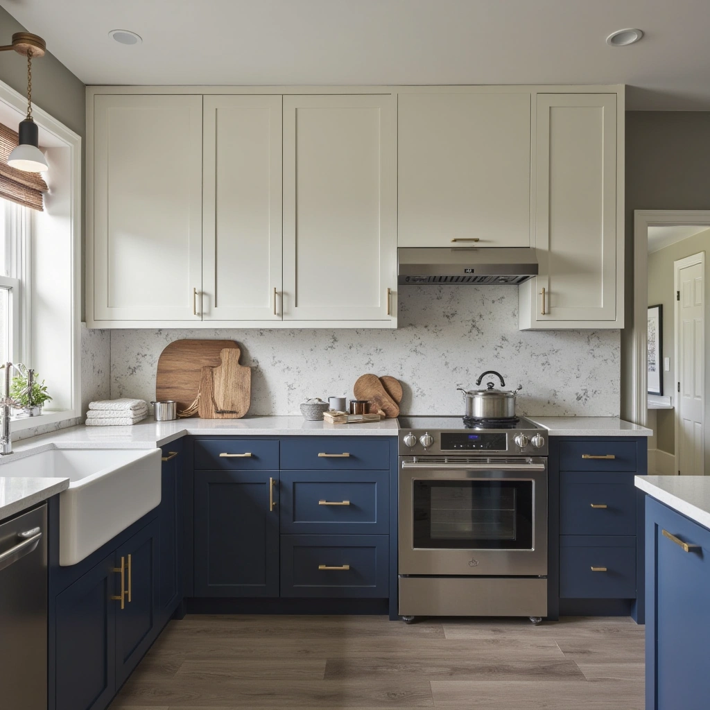 1. Classic White and Navy Blue Two Tone Cabinets