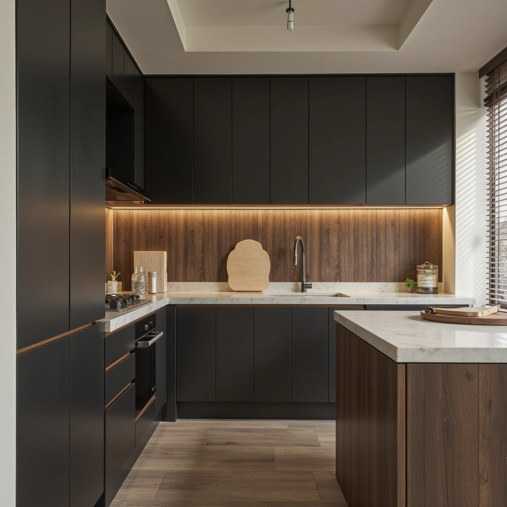 2. Bold Black and Wood Tone Cabinets