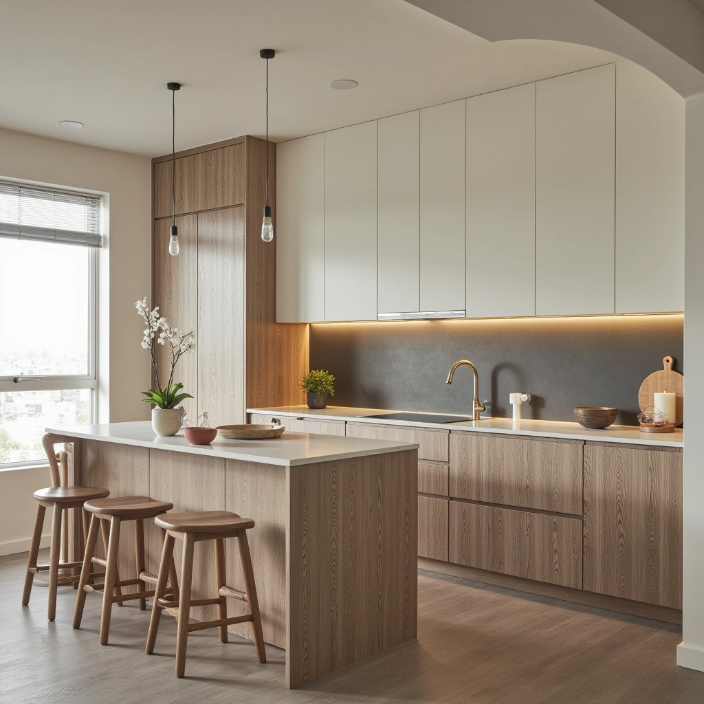 8. Matte White and Light Wood Two Tone Cabinets