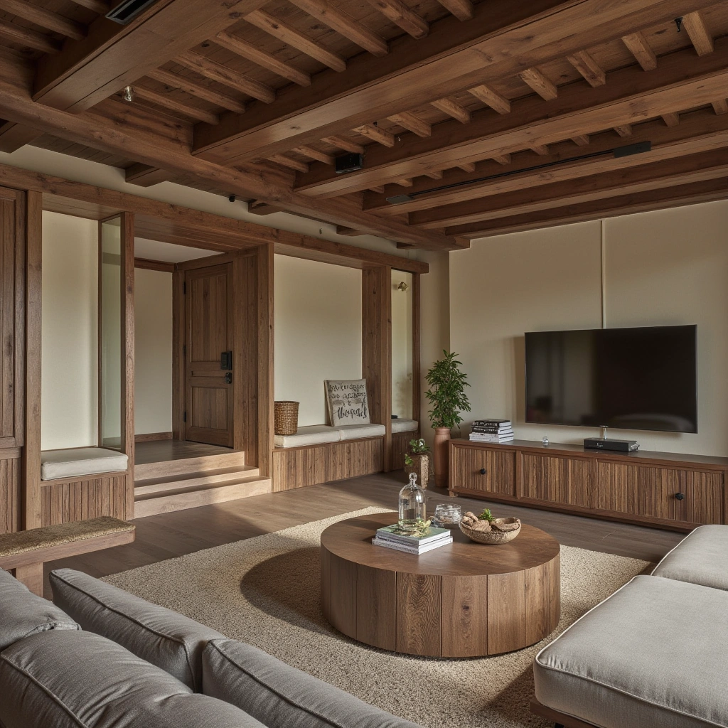 7. Rustic Sunken Living Room with Warm Wood Tones