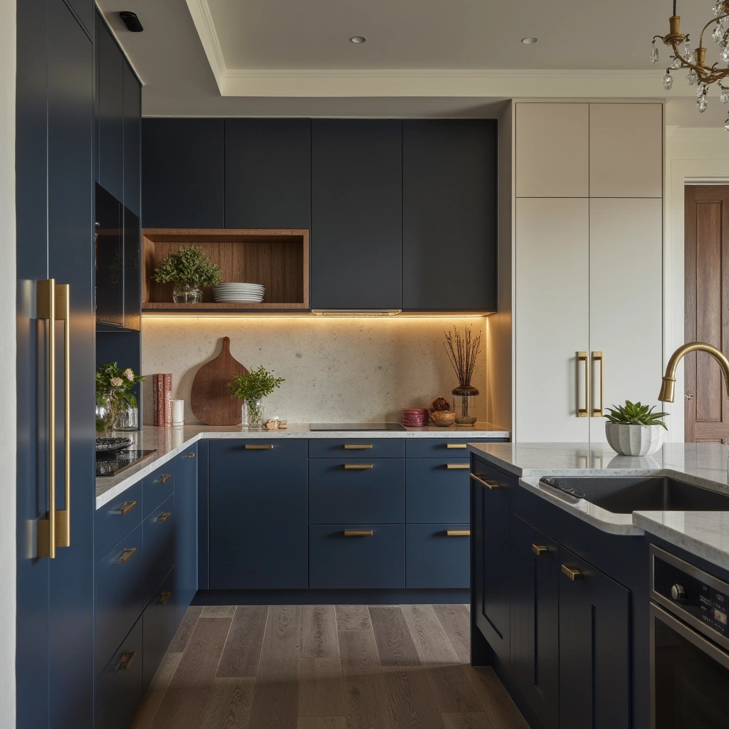 9. Navy Blue and Brass Accents Two Tone Cabinets