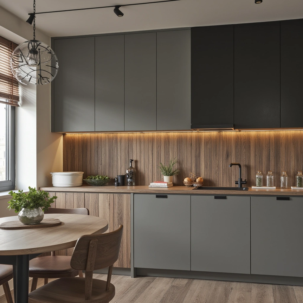 10. Two Tone Grey and Wood Cabinets with Black Accents