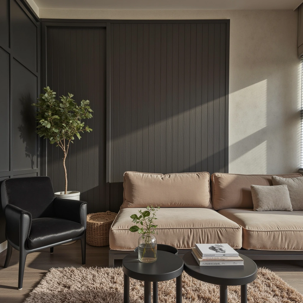 10. Luxe Textured Black and Beige Living Room