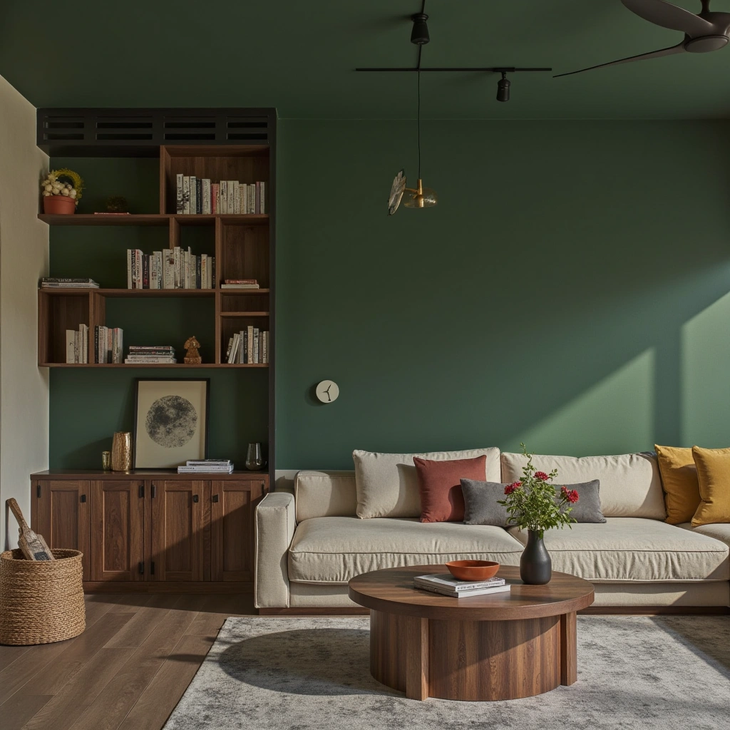 1. Earthy Elegance: Deep Green Walls with Walnut Accents