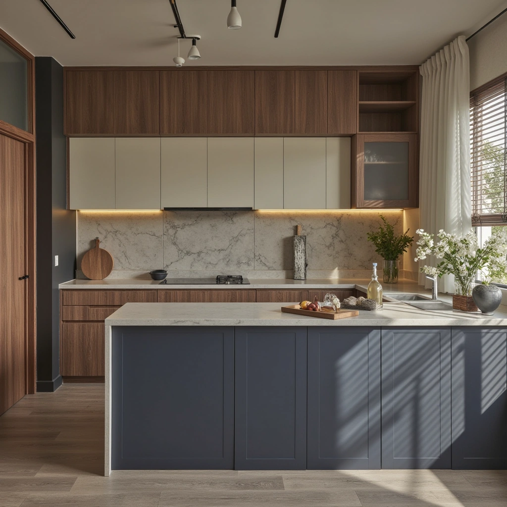 2. Warm Wood, Soft White, and Deep Navy Blue