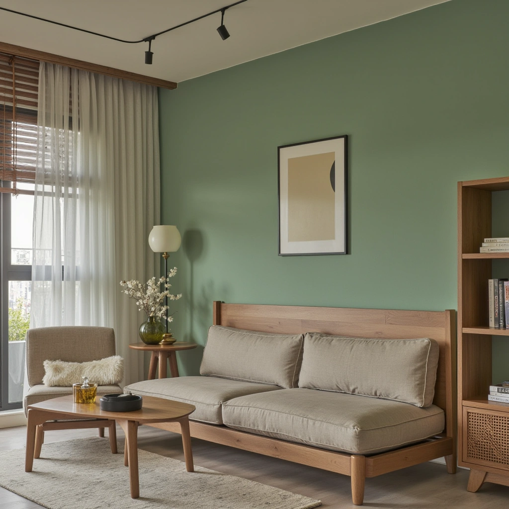 6. Mint Green Walls with Light Brown Furniture