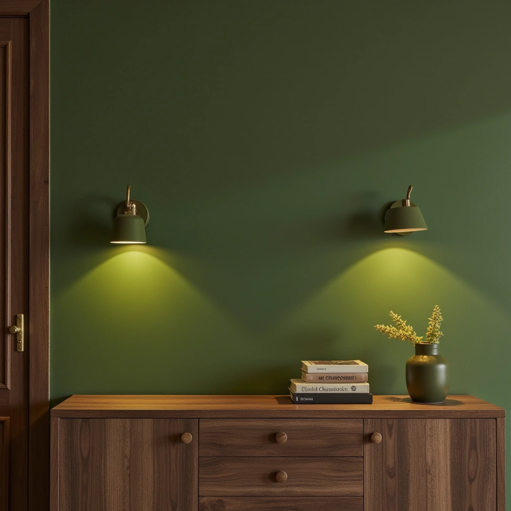 11. Chartreuse Green Lighting Fixtures with Walnut Furniture