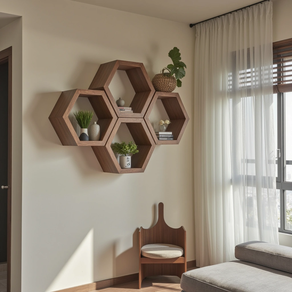 3. Geometric Corner Shelves: Artistic and Bold