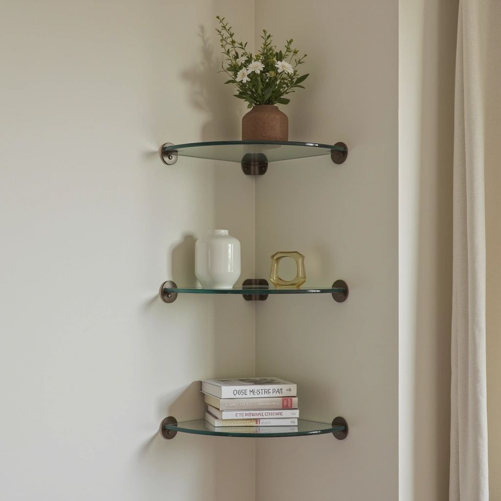6. Glass Corner Shelves: Light and Airy Elegance