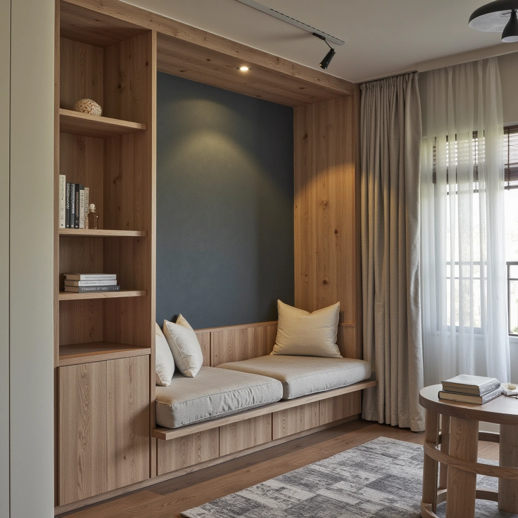 7. Corner Shelves with Built-in Seating: Cozy and Space-saving