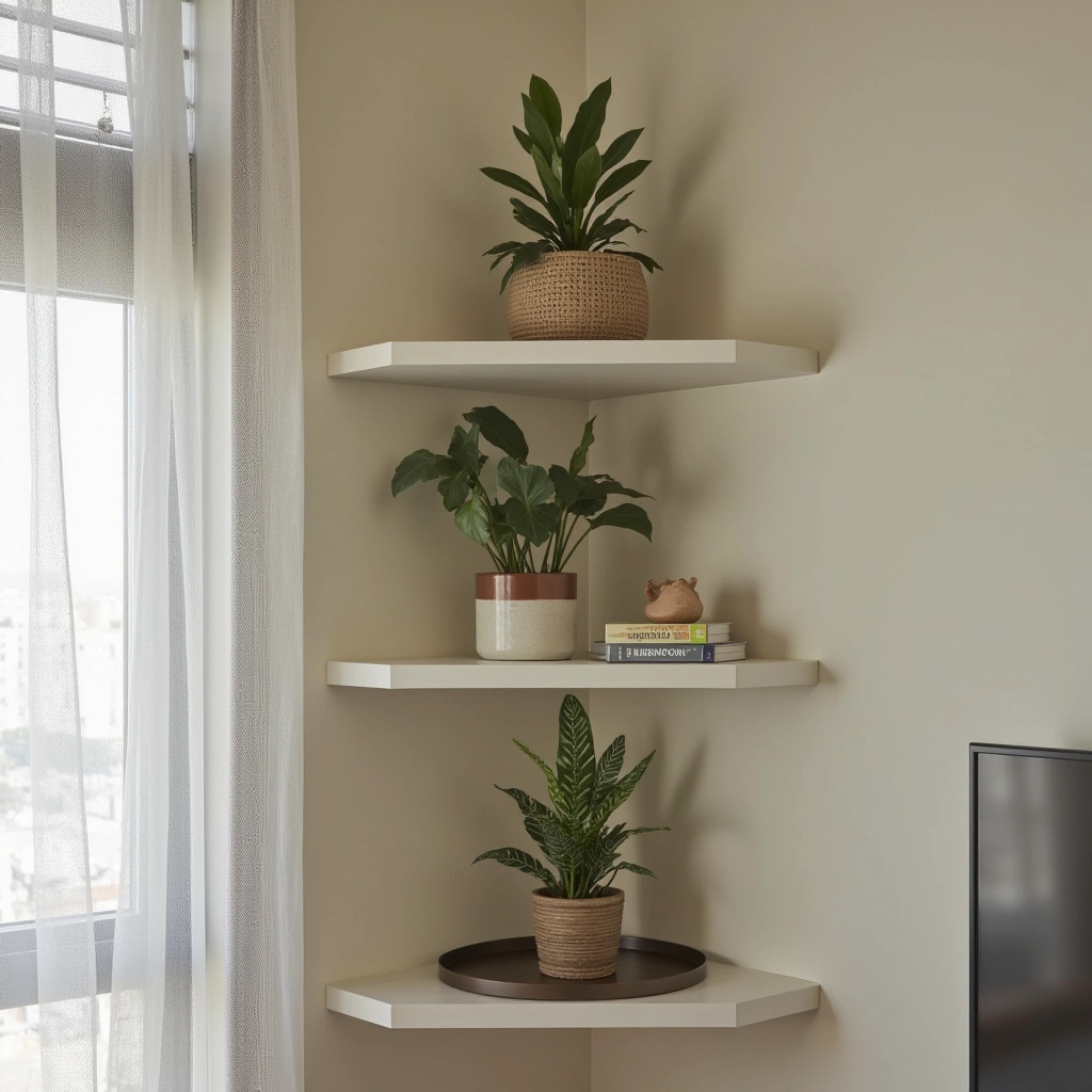 9. Corner Shelves with Indoor Plants: Fresh and Inviting