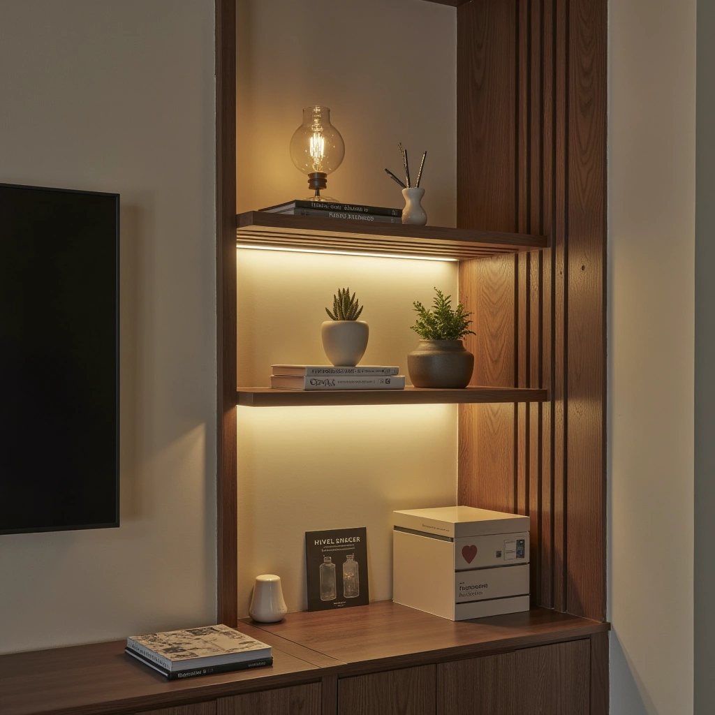 10. Corner Shelves with Built-in Lighting and Charging Stations: Modern Convenience