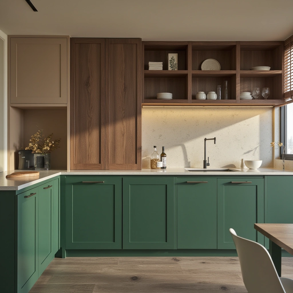 8. Emerald Green, Soft Beige, and Rich Walnut