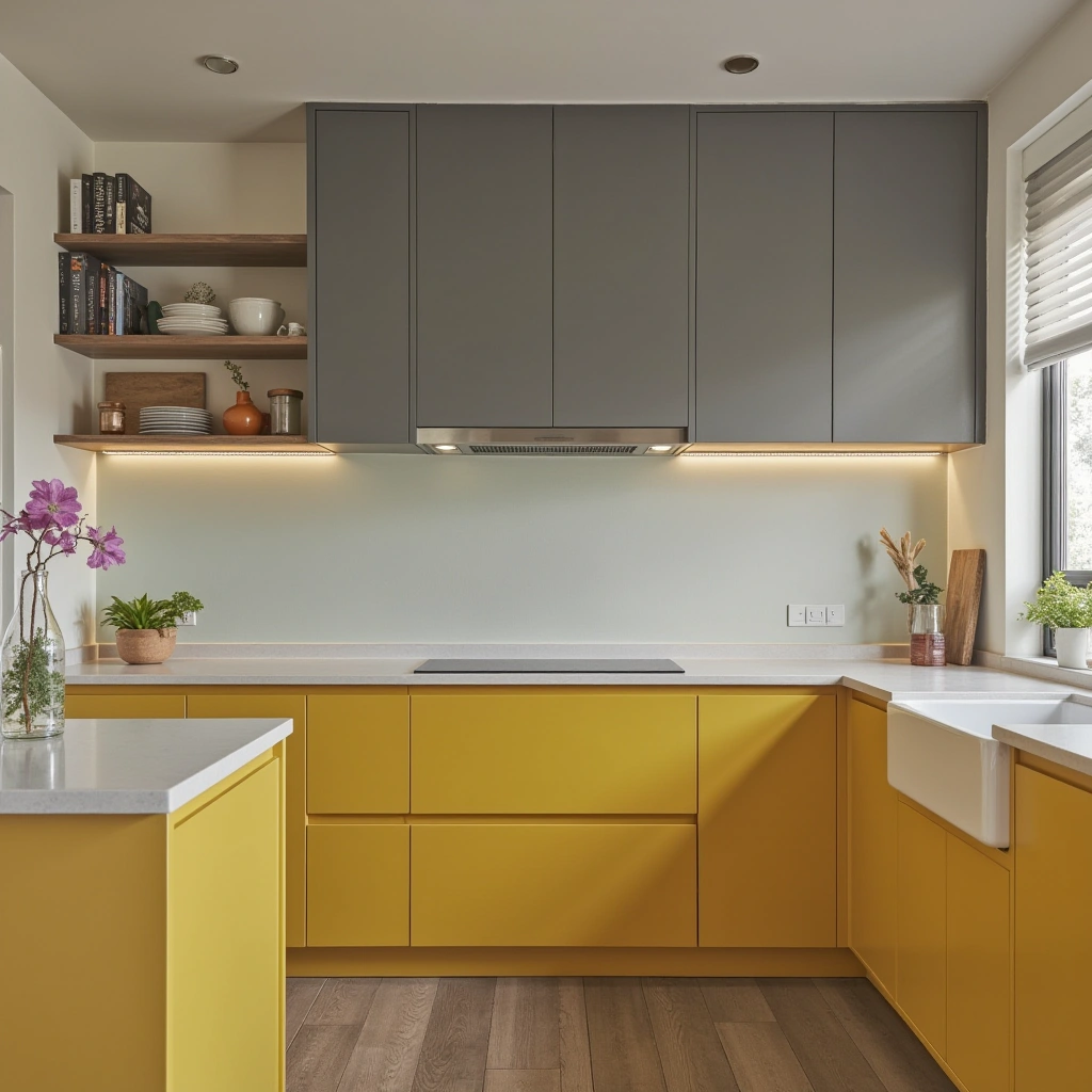 10. Sunny Yellow, Soft Gray, and White