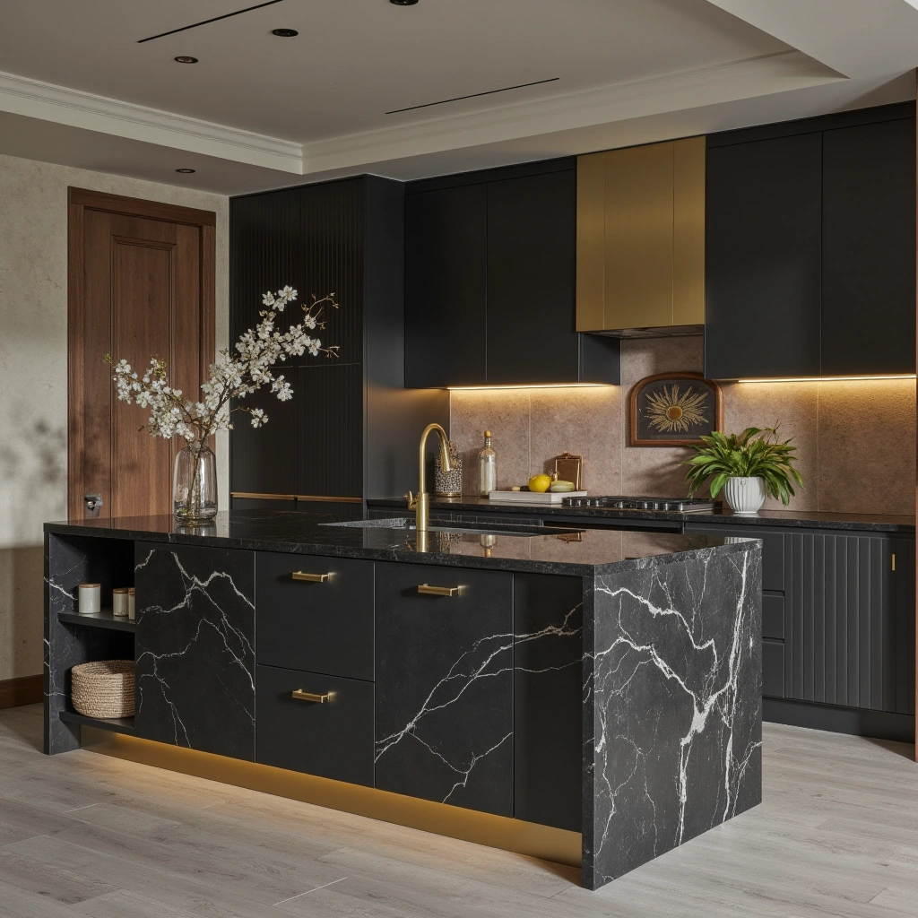 1. Black Marble Island with Gold Accents