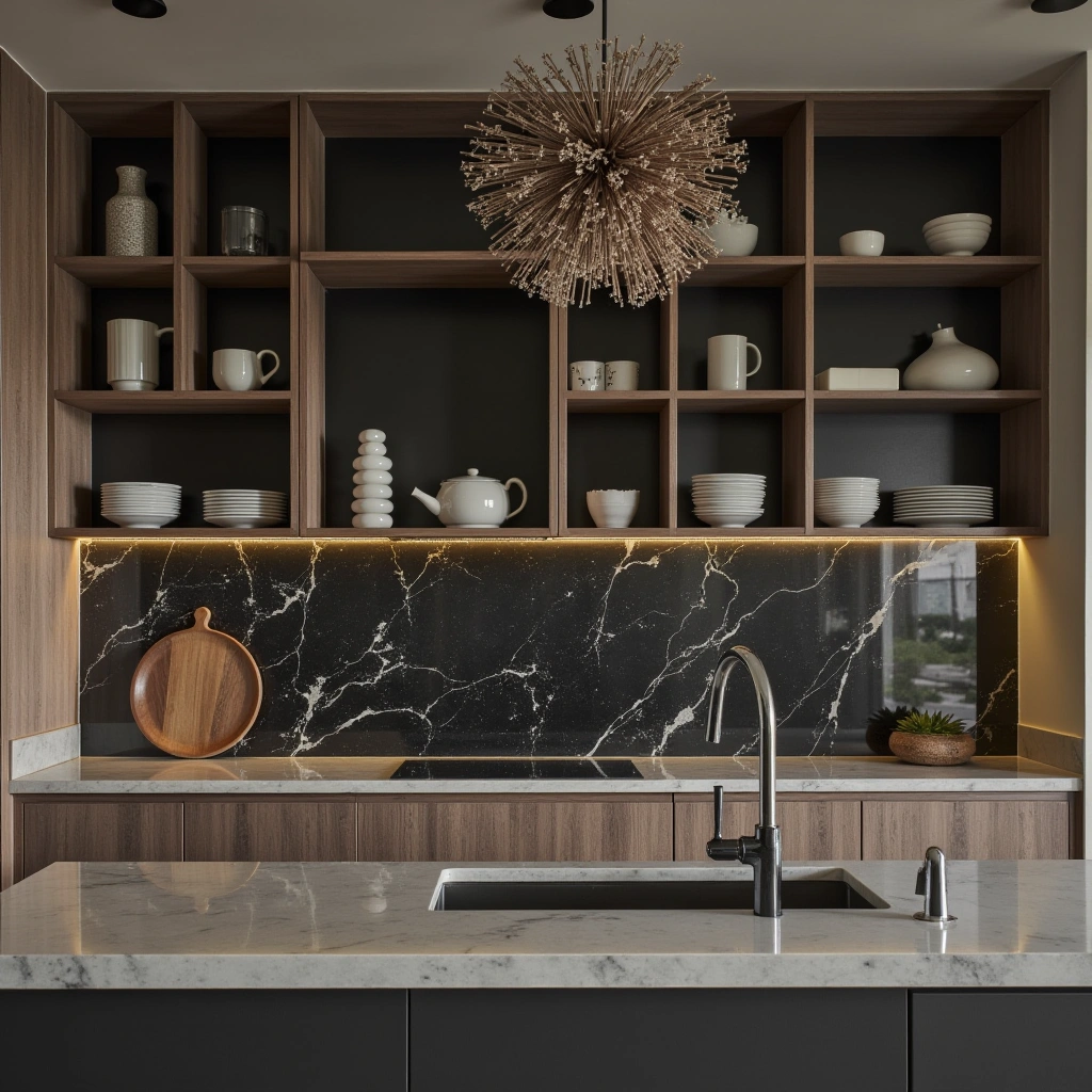 2. Open Shelving with Black Marble Backdrop